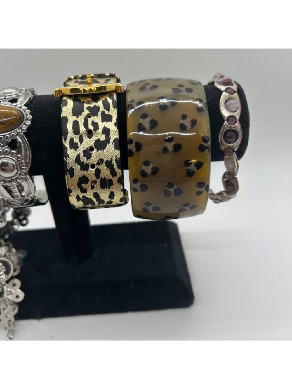 Bohemian Braceley Lot Vintage Silver tone Coin Faux Tiger Eye Leopard Bangle - Picture 4 of 16
